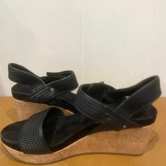 Eileen Fisher Demo Black Leather Cork Wedge Platform Sandals Easy Strap Size 8.5 - Picture 6 of 7